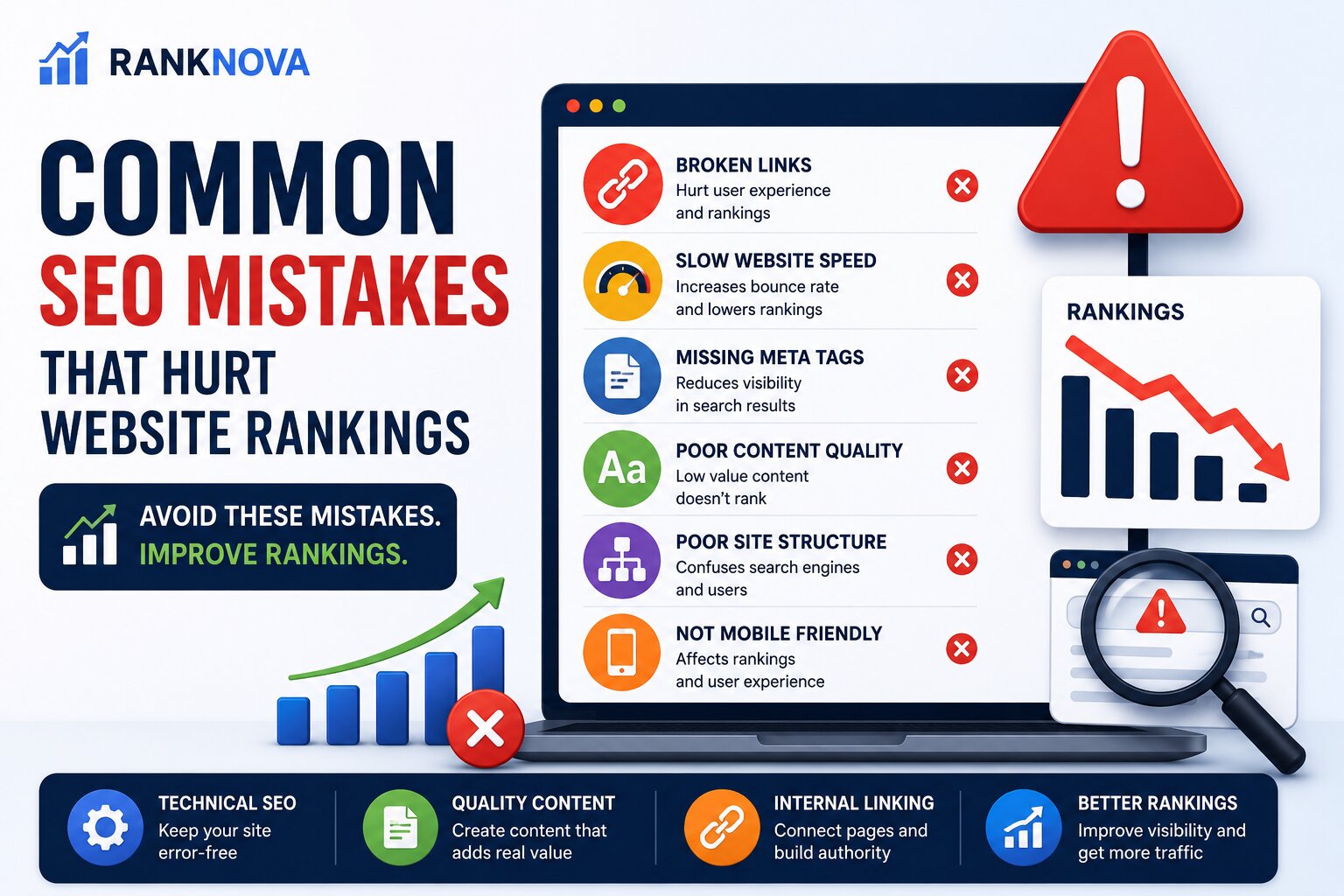 Common SEO Mistakes That Hurt Website Rankings Illustration showing common SEO mistakes including broken links, poor content structure, slow website speed, missing meta tags, and indexing issues