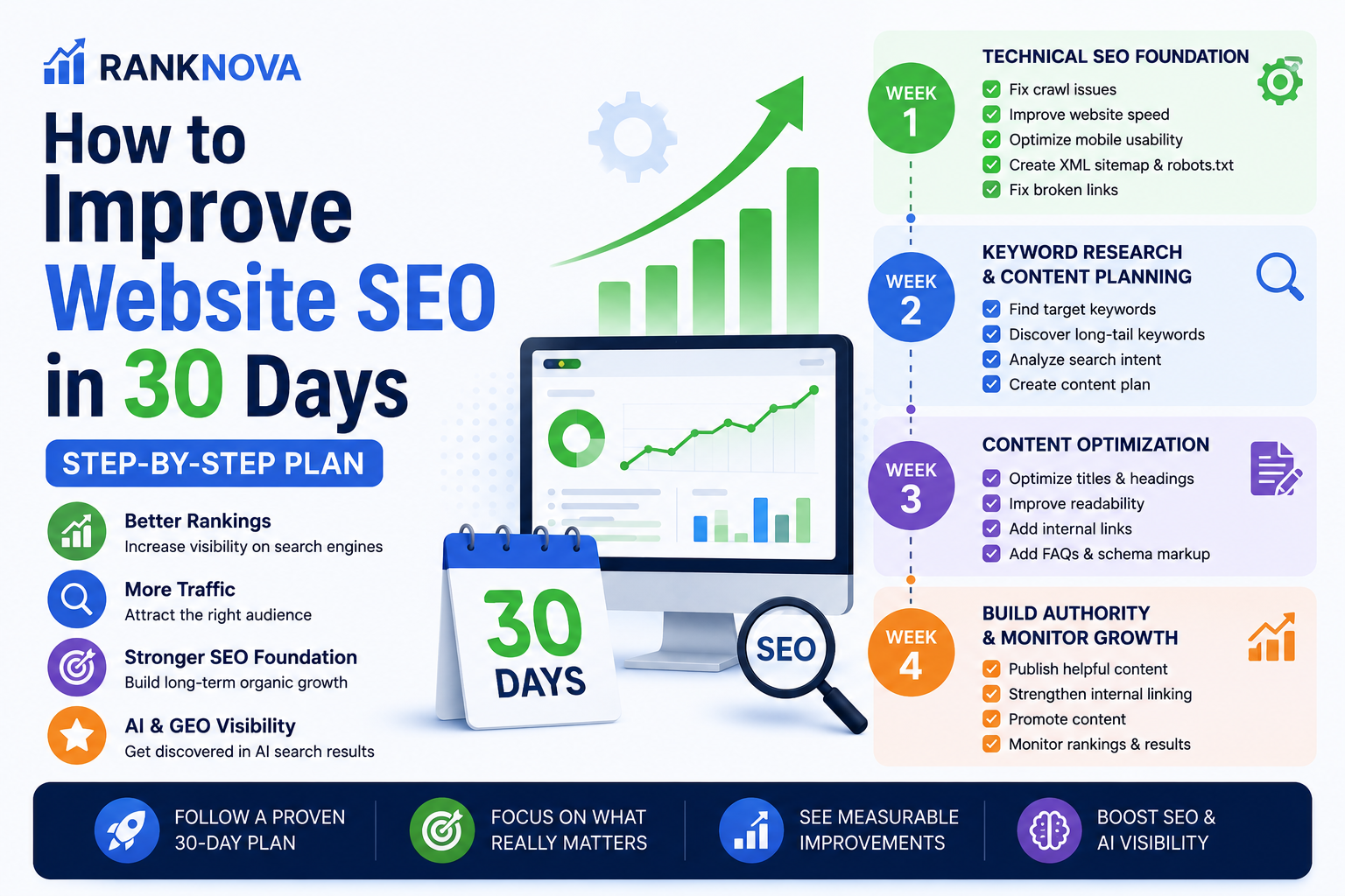 How to Improve Website SEO in 30 Days – Step-by-Step Plan Illustration showing a 30-day website SEO improvement plan including technical SEO, content optimization, keyword research, and AI visibility growth