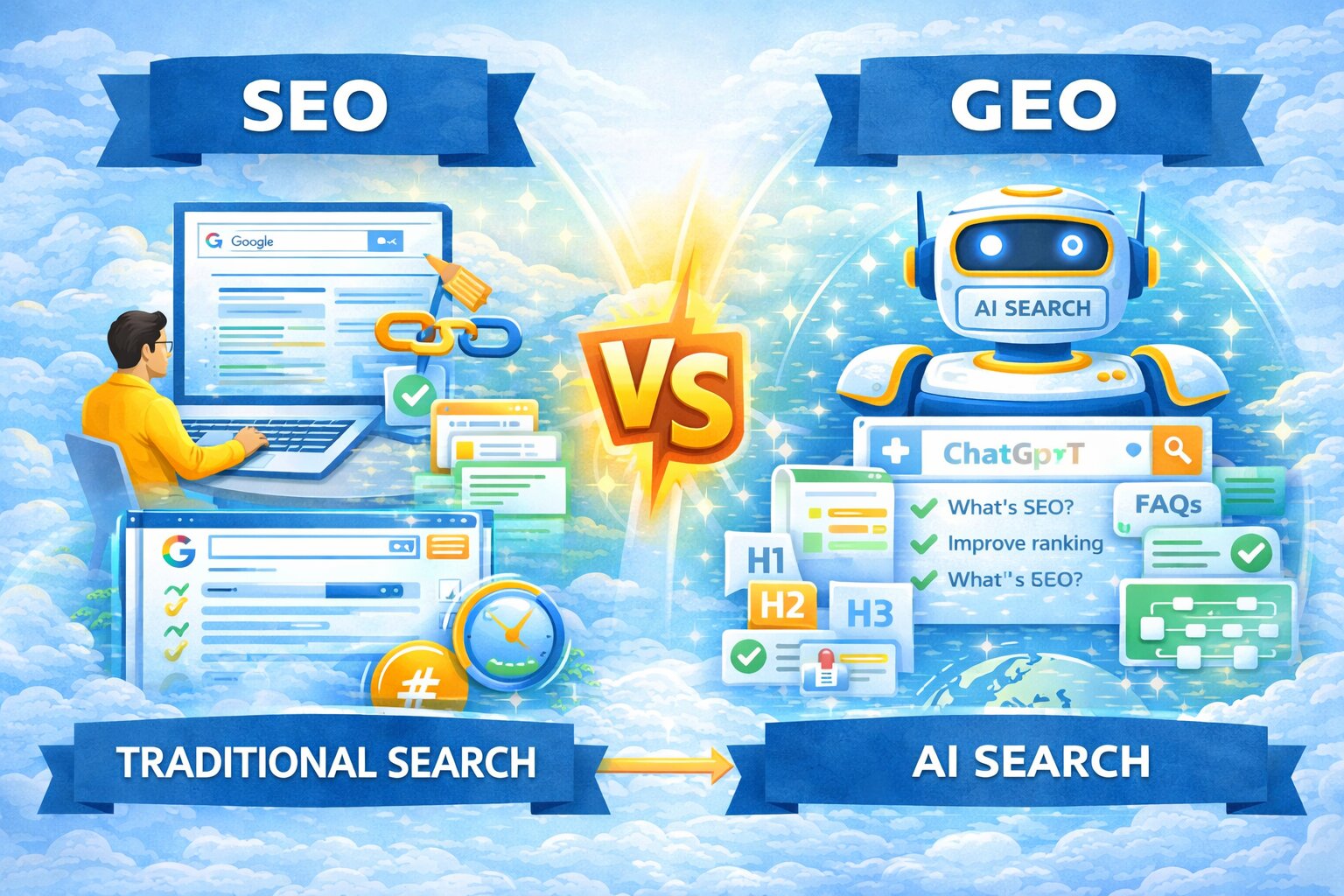 Illustration comparing SEO vs GEO showing traditional search optimization and AI search optimization with structured content, headings, FAQ schema, and AI-generated answers