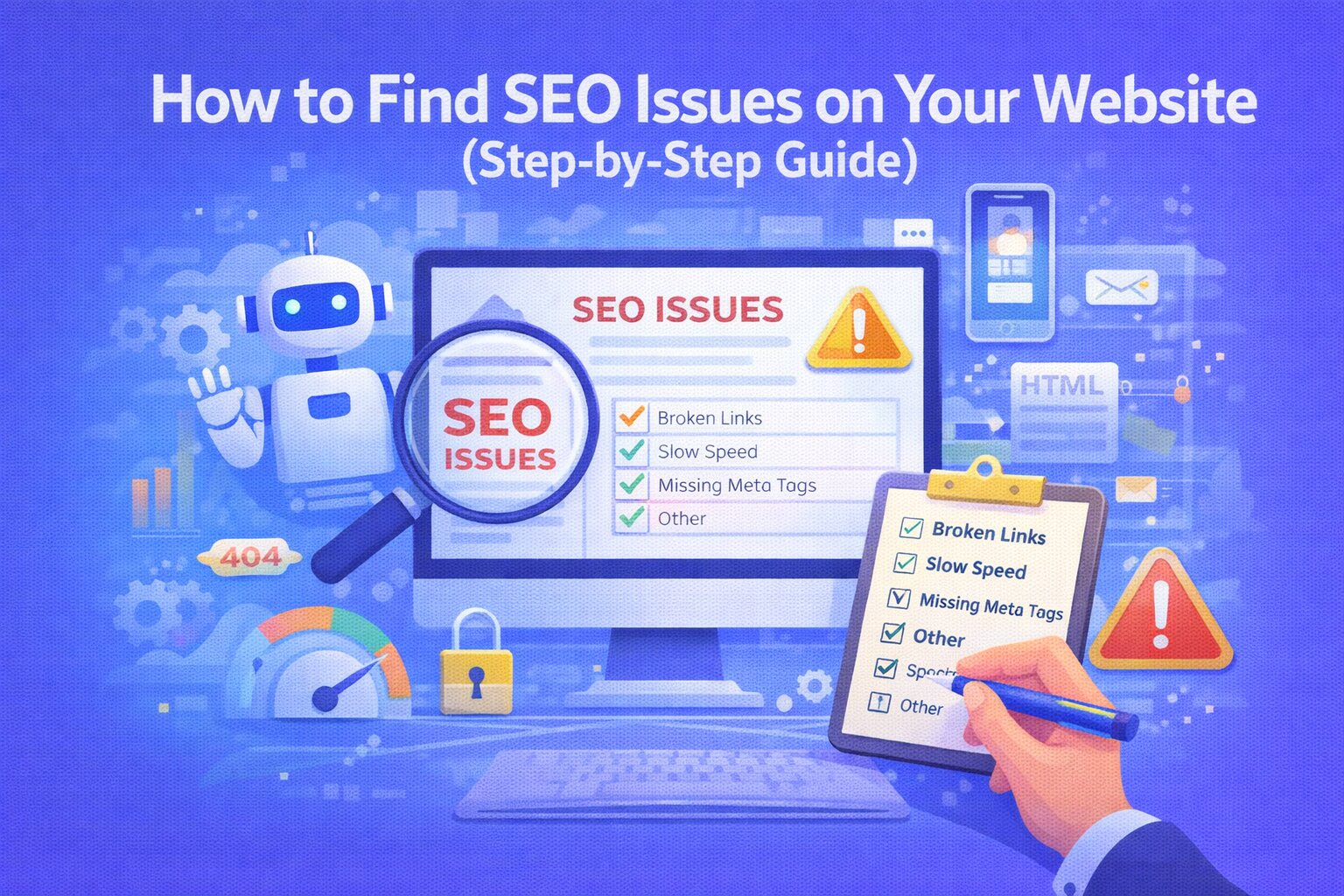 SEO issues detection illustration showing website audit, broken links, slow speed, and missing meta tags analysis