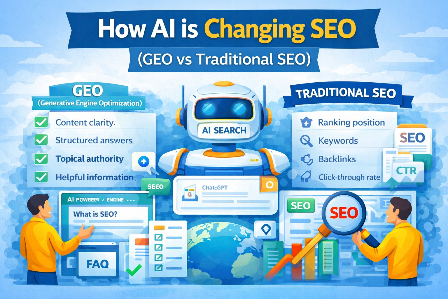 Illustration showing difference between traditional SEO and AI SEO (GEO), highlighting structured content, keywords, rankings, and AI search optimization