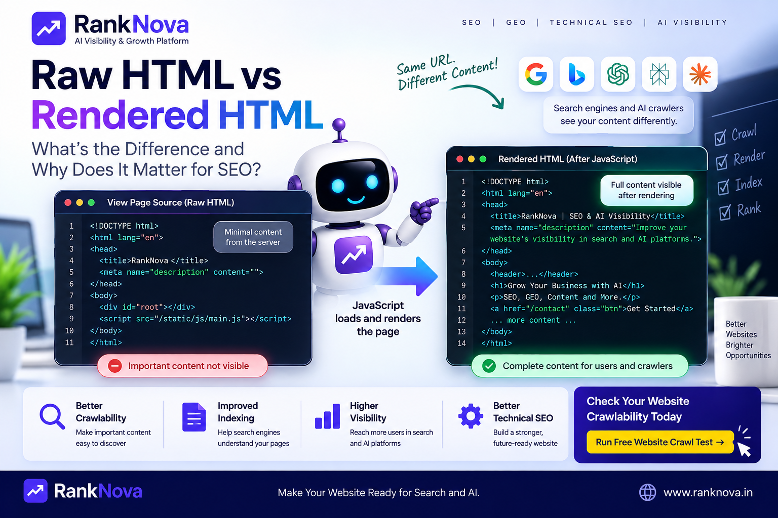 Raw HTML vs Rendered HTML - JavaScript SEO Guide Raw HTML vs rendered HTML comparison showing how search engines crawl and render JavaScript websites