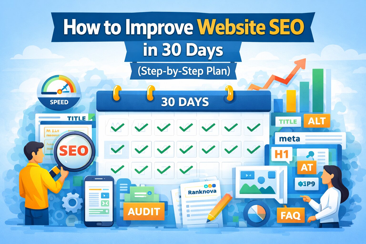 SEO improvement plan illustration showing 30-day calendar, SEO audit, content optimization, and ranking growth