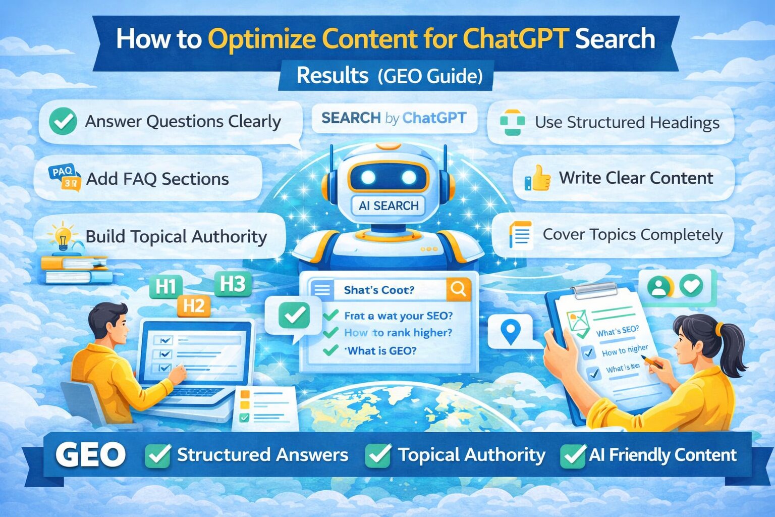 Illustration showing how to optimize content for ChatGPT search using structured answers, FAQ sections, headings, and AI-friendly content