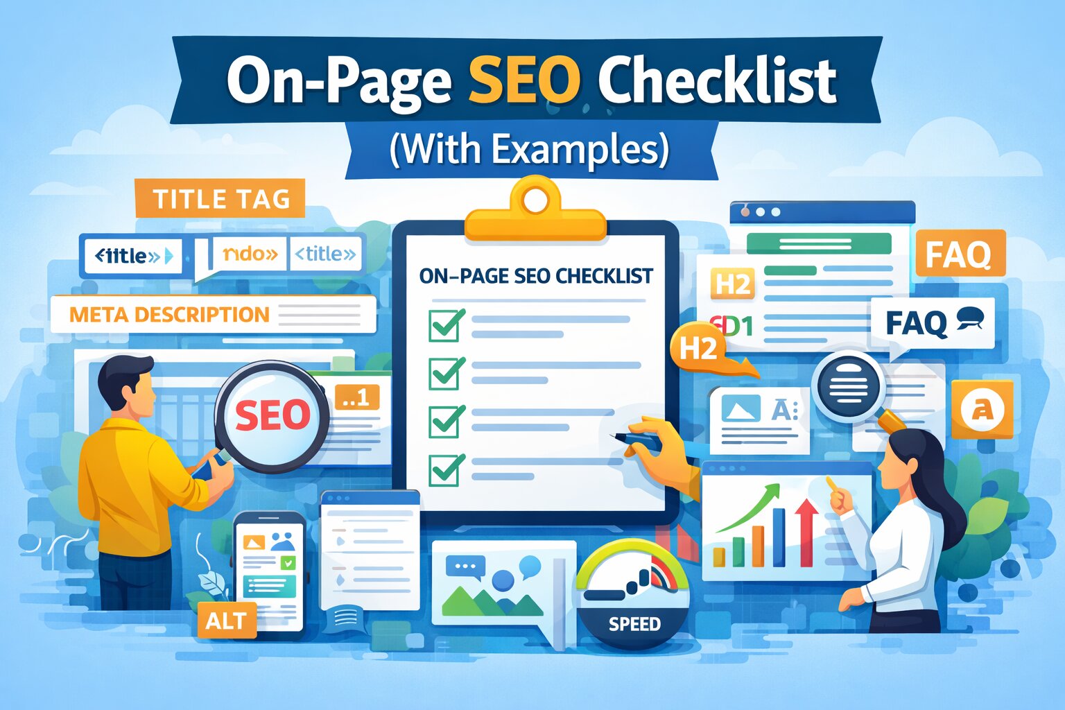 On-page SEO checklist illustration showing title tags, meta description, headings, FAQ, and content optimization elements