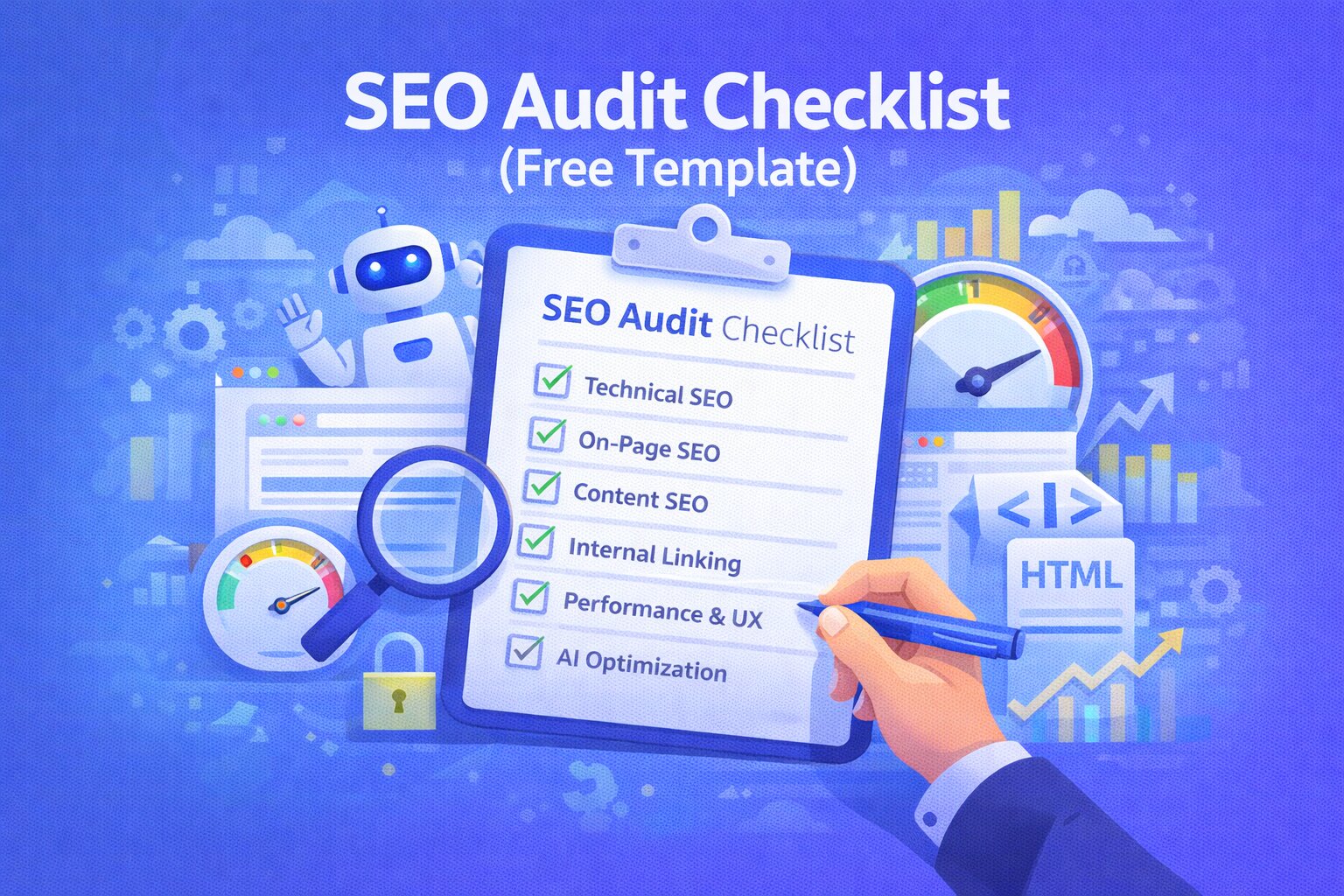 SEO audit checklist illustration showing technical SEO, on-page SEO, content SEO, and performance optimization steps