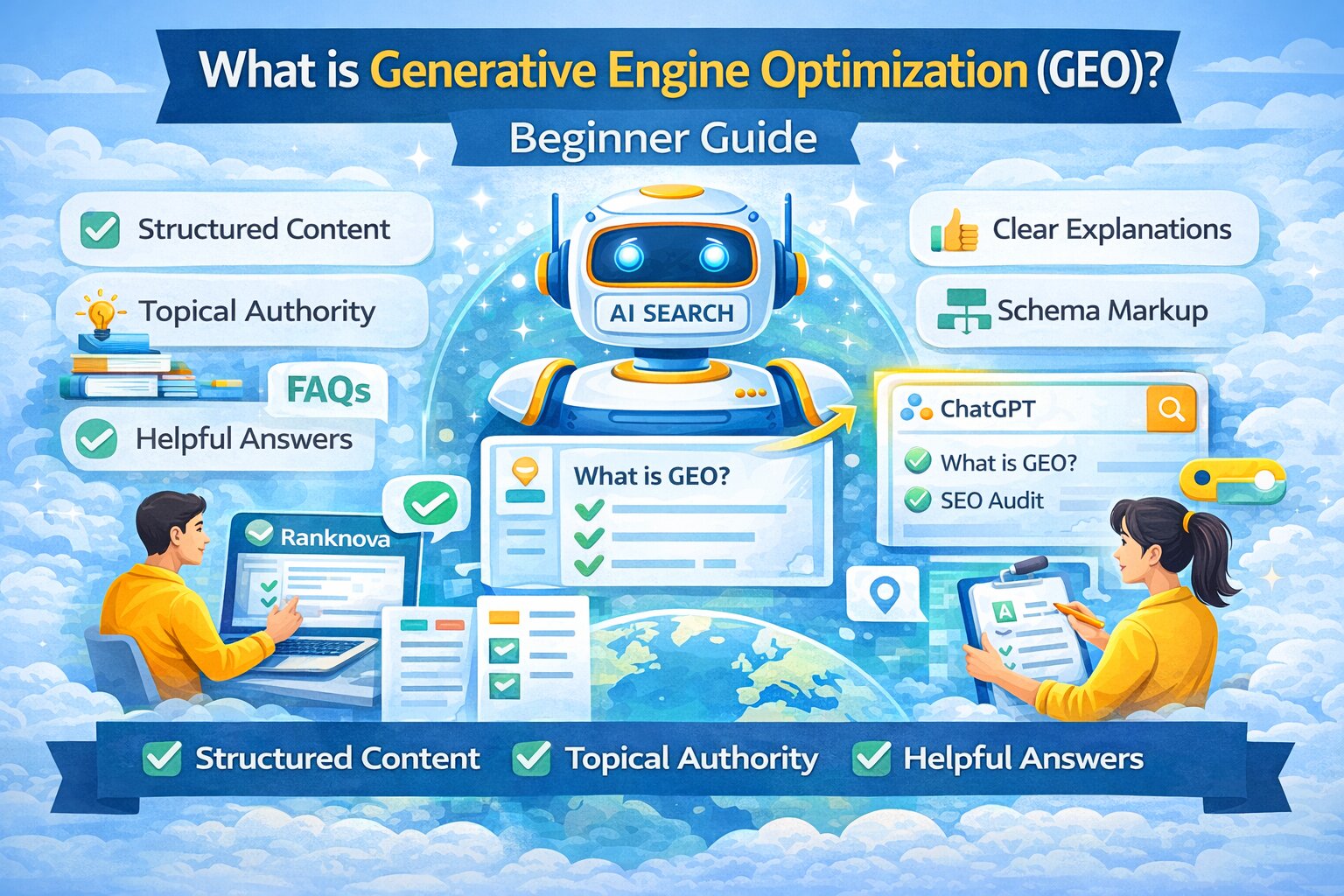 Illustration explaining Generative Engine Optimization (GEO) showing AI search, structured content, schema markup, FAQ optimization, and topical authority concepts