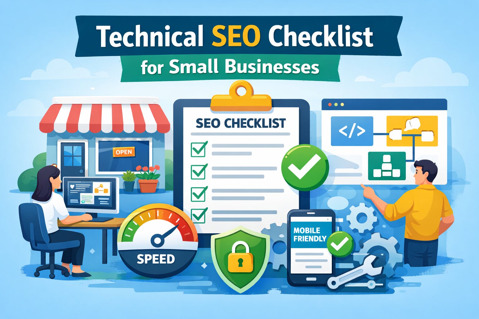 Technical SEO checklist illustration showing small business website optimization, page speed, mobile-friendly design, and SEO audit steps