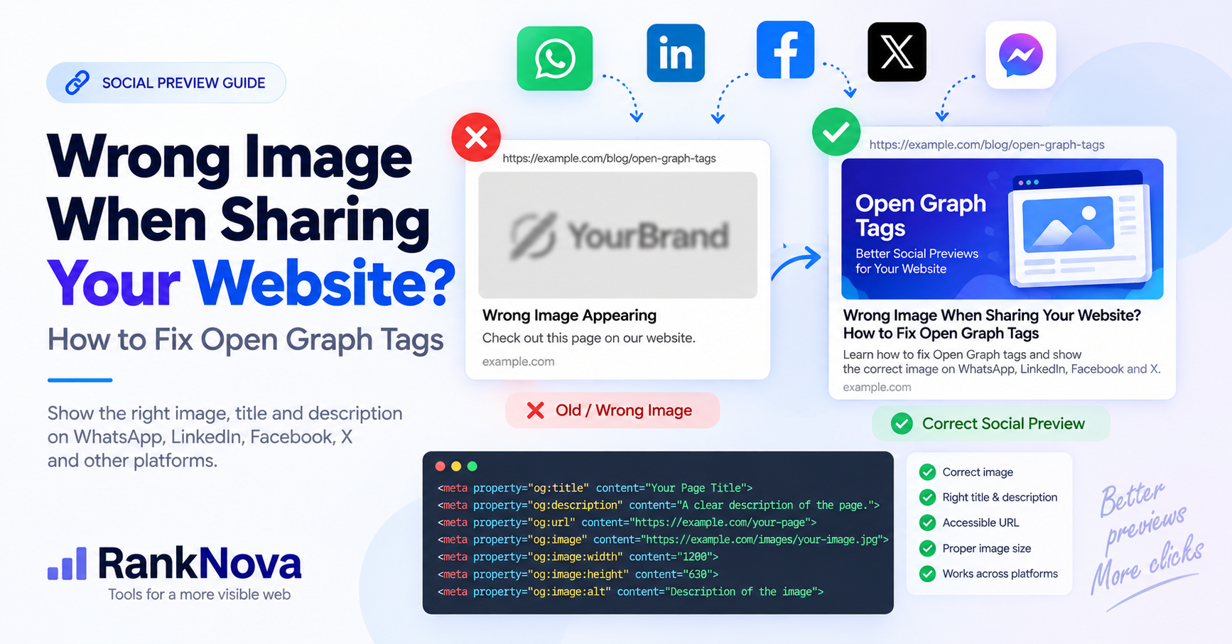 How to Fix Wrong Social Preview Images with Open Graph Tags Website social link preview showing the wrong image and corrected Open Graph metadata